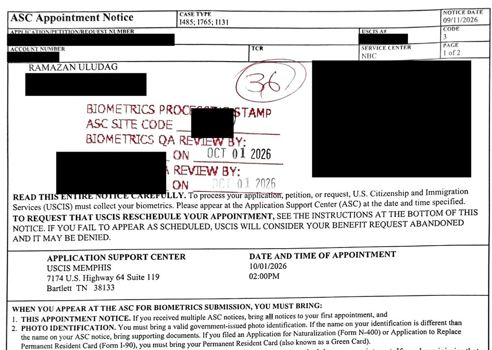 My real biometrics appointment notice with the processing stamp dated October 1, 2026. I covered the receipt numbers, my account number, my alien number, my address, the barcode and the staff signatures.