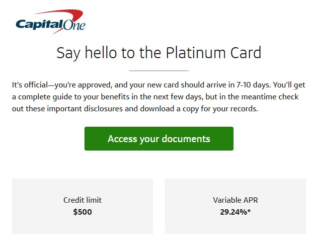 The approval email from October 17: Platinum card, $500 credit limit.