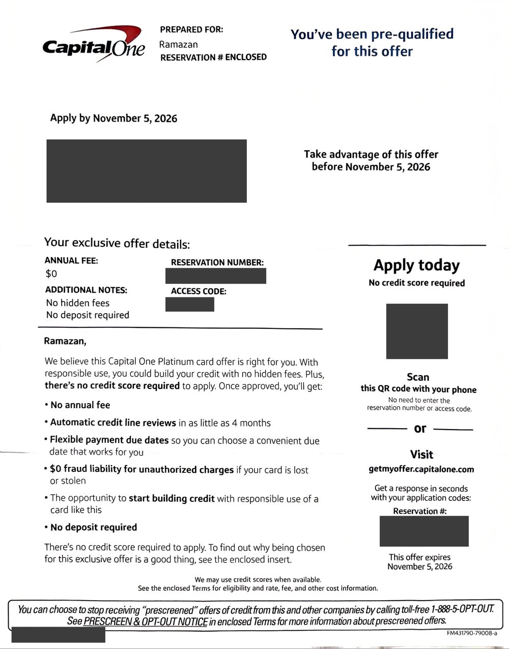 The real letter Capital One mailed me in mid-October: pre-qualified, $0 annual fee. I covered my address, the reservation numbers, the access code and the QR code.