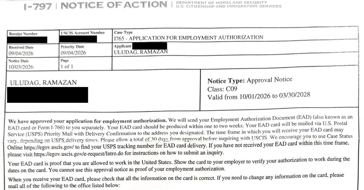 My real I-765 approval notice: approved October 3, 2026, class C09, valid from October 1, 2026 to March 30, 2028. I covered the receipt number, my account number, my alien number and my address.