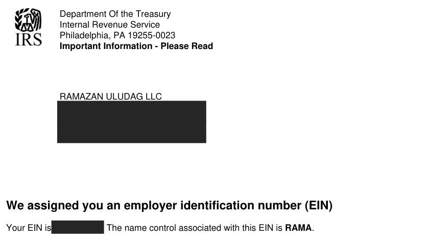 The top of my real EIN confirmation letter from the IRS. I removed the number and the address.