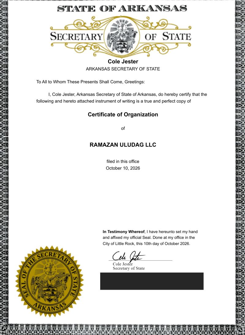 My real certificate from the Arkansas Secretary of State. I covered the authorization code.